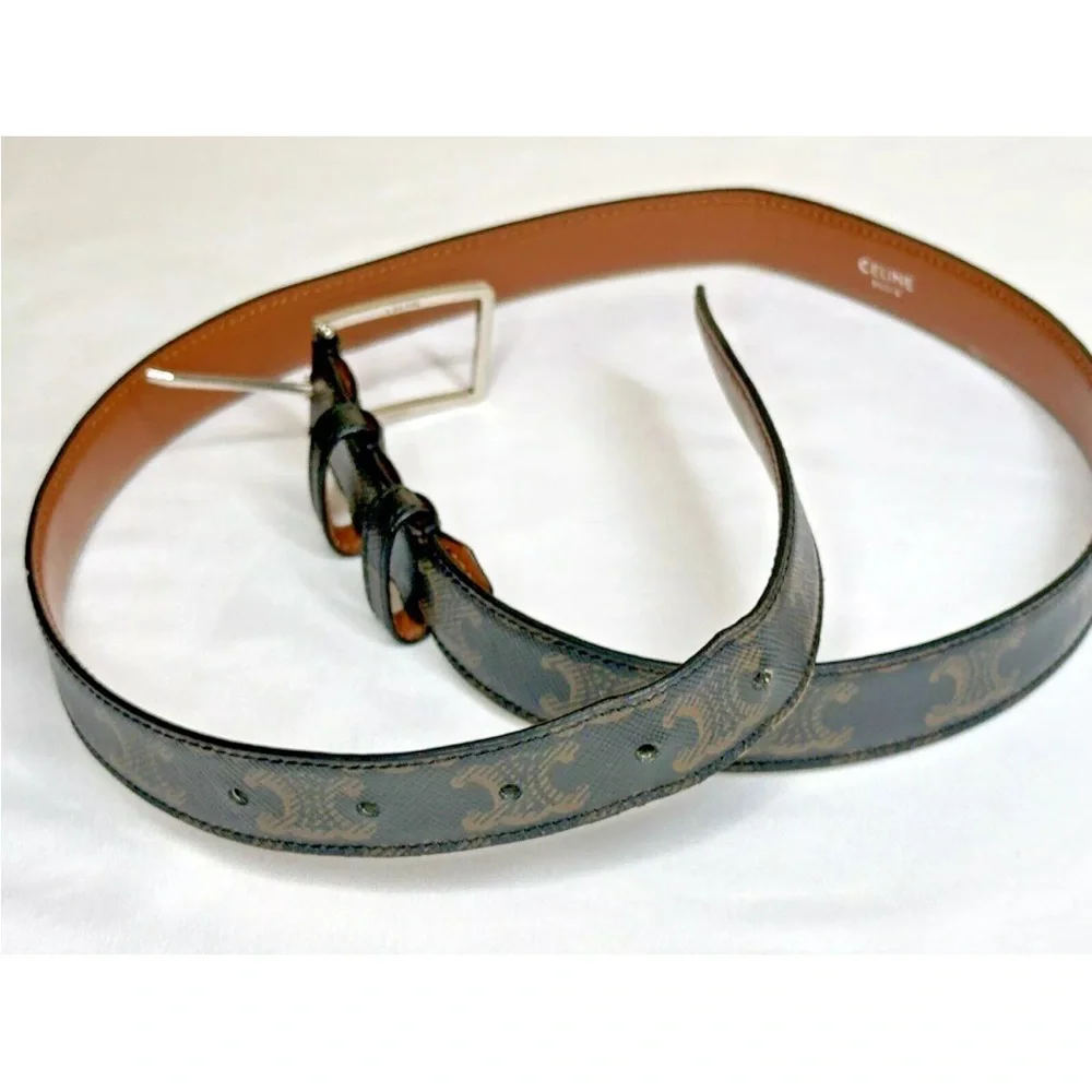 Celine Brown Buckle Belt Triomphe Coated Canvas Medium 80 W/ Dust Bag & Box - Picture 6 of 12